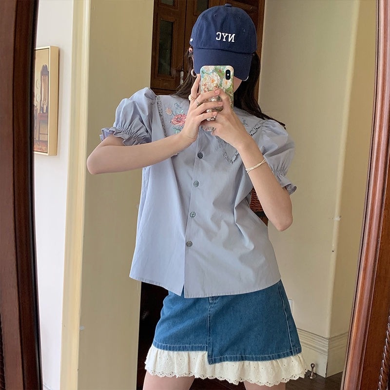 Áo Sơ Mi Tay Ngắn Phồng Cổ Búp Bê Thêu Họa Tiết Phong Cách Retro Pháp Thời Trang Cho Nữ