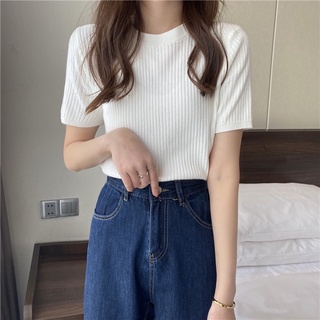 Áo len tăm trơn cộc tay cổ tròn basic dáng ôm - Lumii