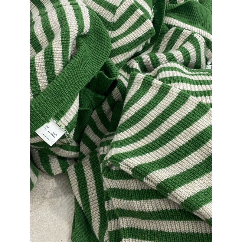 2022 Áo cardigan dệt kim dài tay thời trang Hàn Quốc với sọc xanh và dây kéo