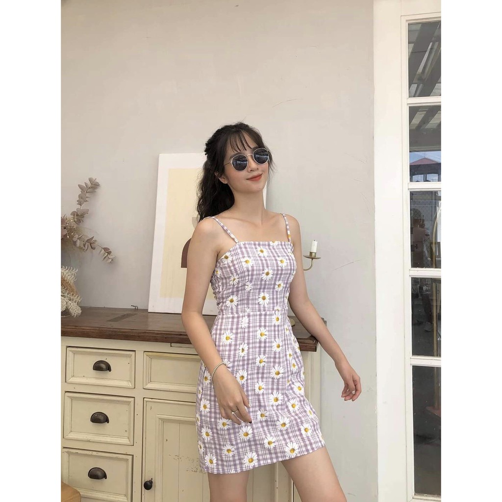(VNXK) ĐẦM HAI DÂY HOA CÚC CARO BODY NỮ - VÁY 2S KẺ SỌC Ô CARO DAISY CHUN SAU KHOÁ KÉO