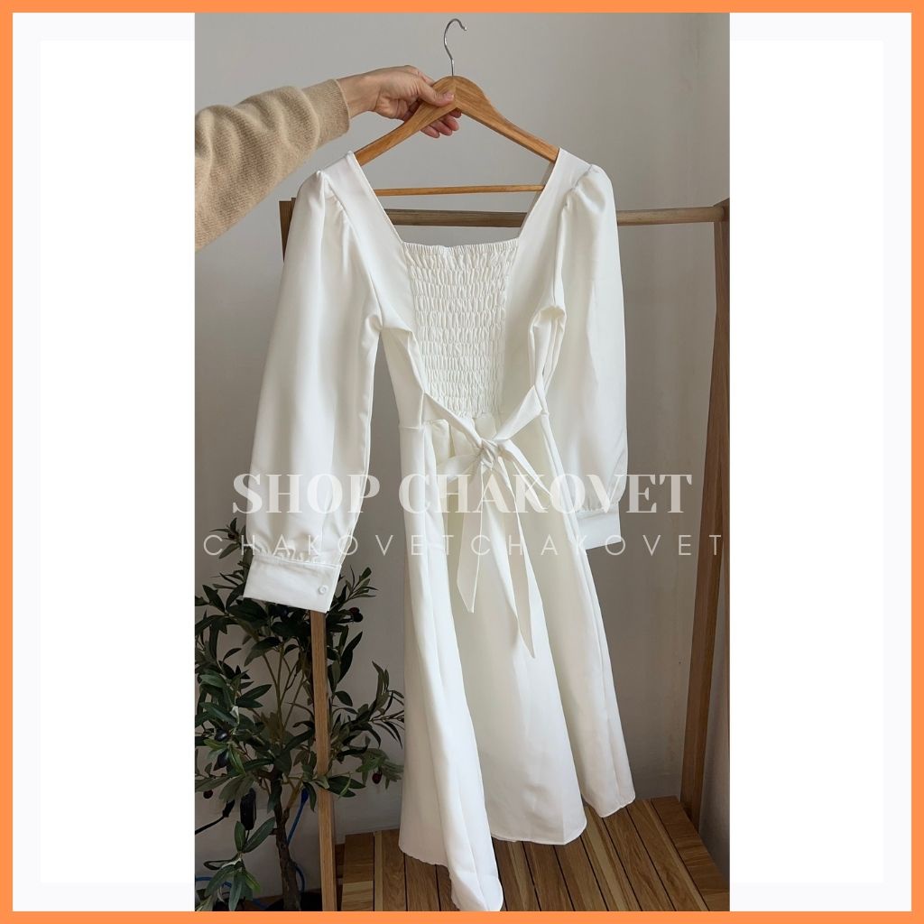 Đầm nữ cổ vuông màu trắng dài tay 2 lớp V8133, kiểu váy nữ dáng dài thanh lịch style hànquốc thiết kế chun sau có đai eo | BigBuy360 - bigbuy360.vn