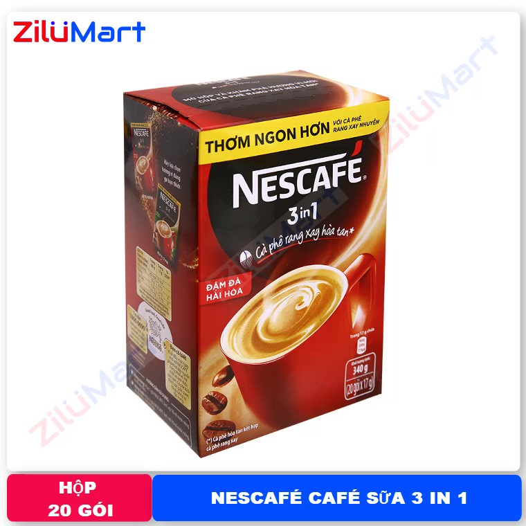 Hộp 20 gói cà phê sữa NesCafé 3 in 1 đậm đà hài hòa loại 340g