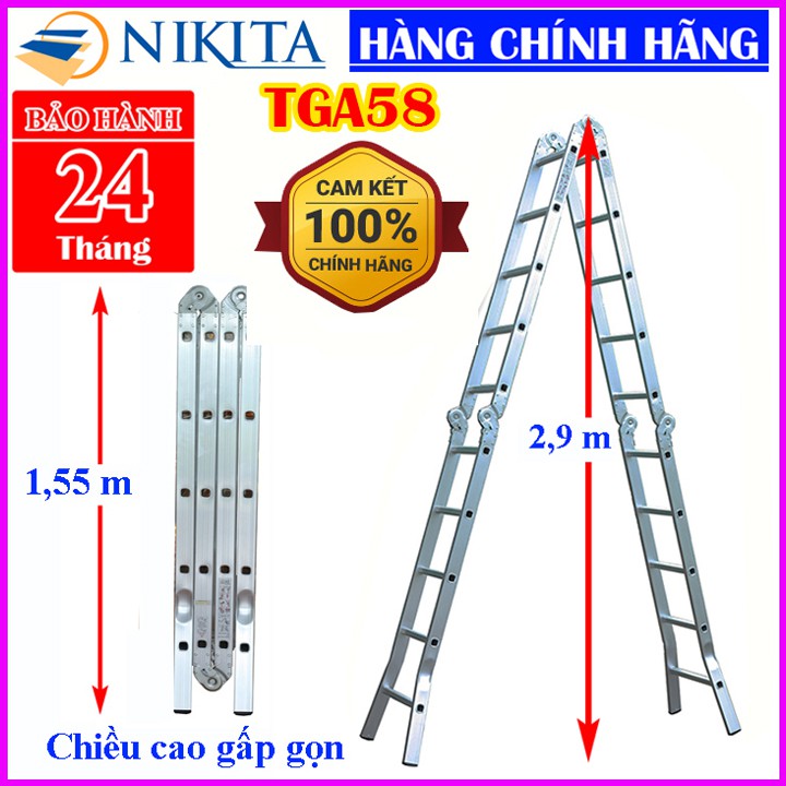 Thang nhôm gấp 4 đoạn Nikita TGA58 - Chữ A 2,9m duỗi thẳng 5,8m