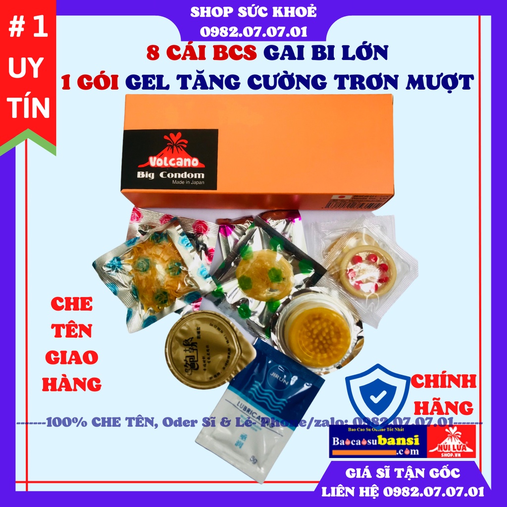 Bao cao su Bi Gai Volcano, hộp 8 cái BCS+1 gói gel bôi siêu trơn mượt, Với tinh năng gai bi lớn tổng hợp độc đáo nhất.