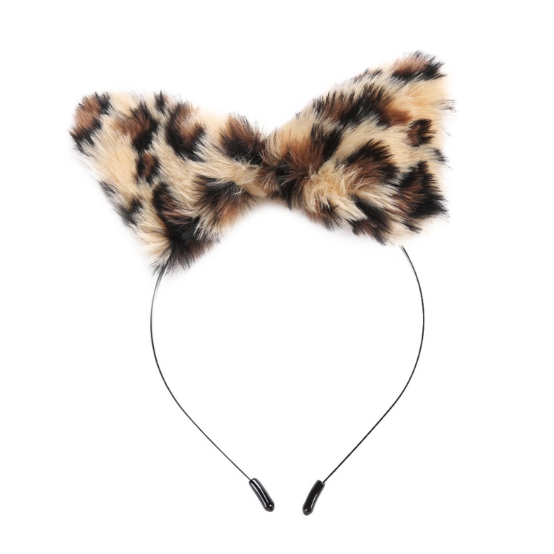 Băng Đô Tai Mèo Bằng Lông Giả Màu Trơn Họa Tiết Da Báo Phong Cách Lolita