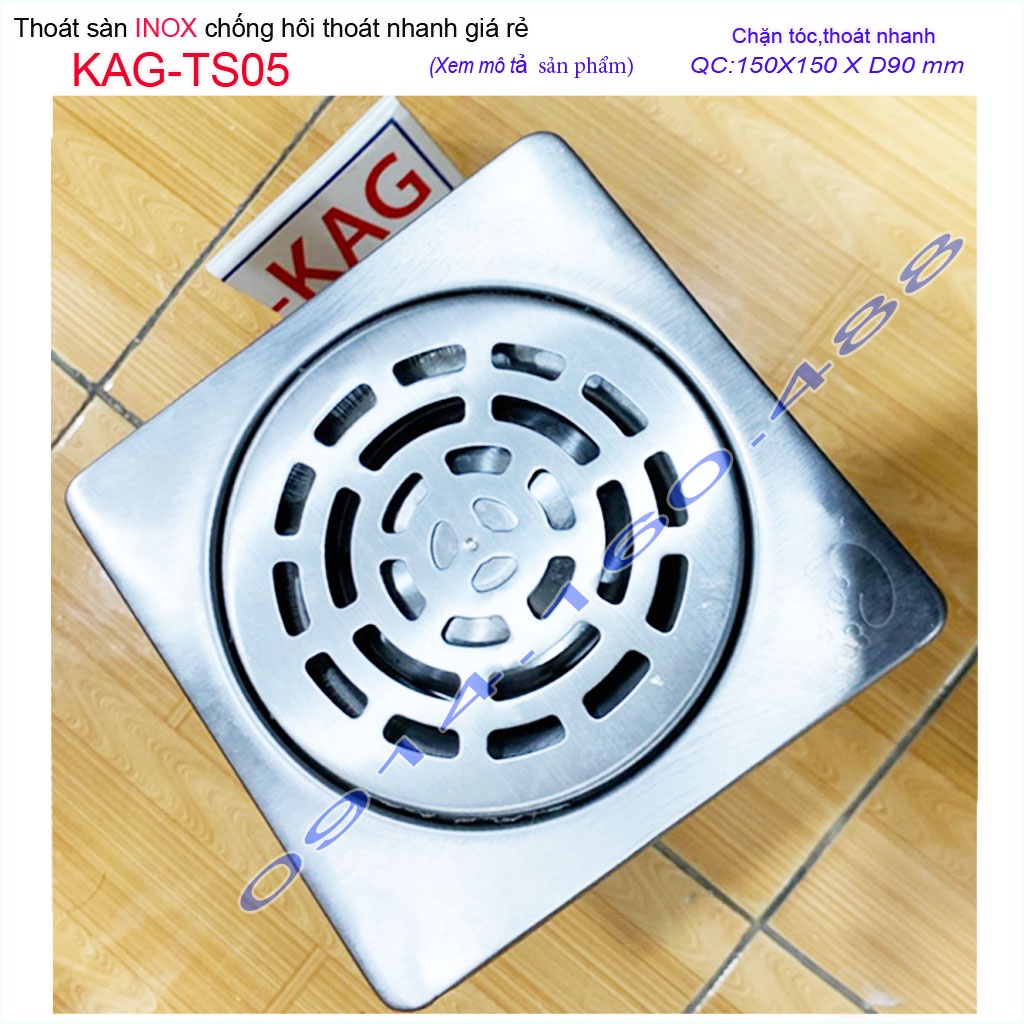 Phễu thoát sàn chống hôi KAG-TS05, ga thoát sàn vuông 15x15cm ống D90 nước thoát nhanh giá tốt sử dụng tốt