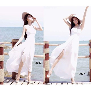 Đầm maxi trắng cột cổ xẻ tà cực yêu- kèm ảnh khách