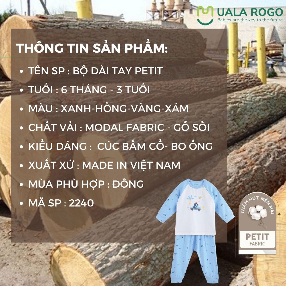 Quần áo bé trai dài tay MỎNG Ualarogo 6 tháng-3 tuổi vải Petit cúc bấm cổ thu đông họa tiết động vật 2240