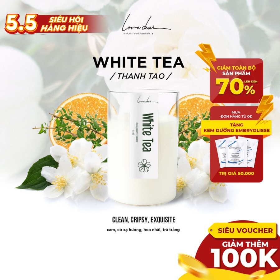 Nến Thơm Tinh Dầu Cao Cấp LoveDear - White Tea 100g Không Khói Decor Sang Trọng