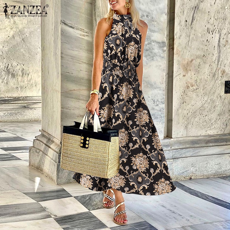 Đầm ZANZEA dáng dài sát nách cổ đứng in họa tiết phong cách Châu Âu thời trang dành cho nữ