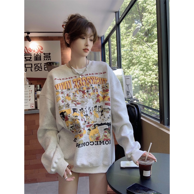 Áo sweater Cổ Tròn Tay Dài Dáng Rộng In Họa Tiết Hoạt Hình Phong Cách Hàn Quốc Thời Trang Cho Nữ