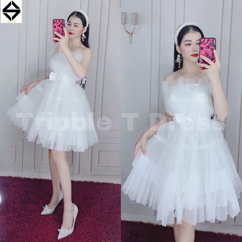 Đầm xoè cúp ngực chất lưới xếp tầng nơ eo TRIPBLE T DRESS - SIZE M/L - MS228V