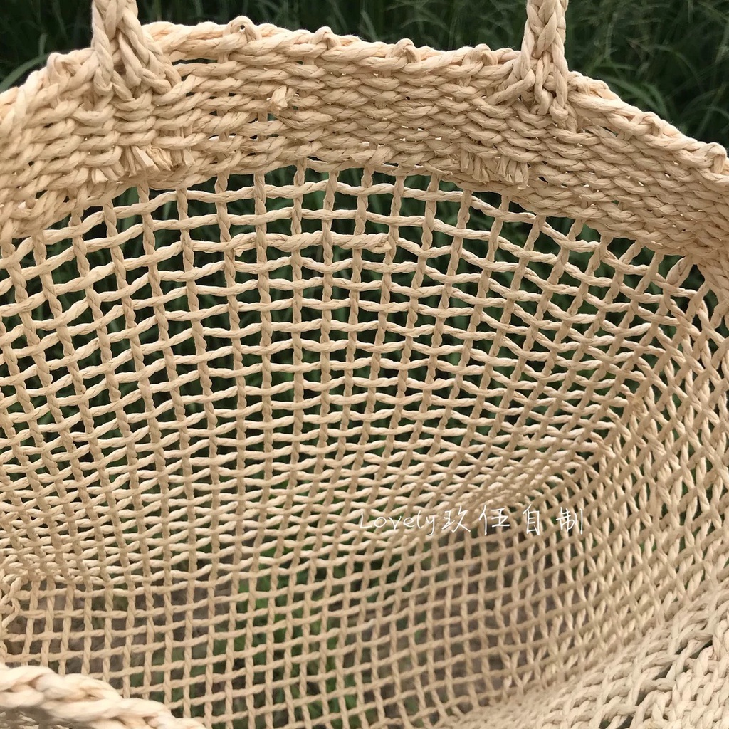 Túi Cói Tote Lưới Vuông Đan Thưa Không Lót Vải Đeo Vai Hàng Chuẩn Quảng Châu Xịn Tặng Nơ Ren Dễ Thương
