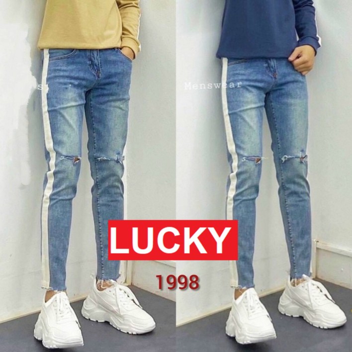 QUẦN JEAN NAM CHẤT BÒ XANH RÁCH GỐI VIỀN TUA CHÂN KJ1998 LUCKY SHOP