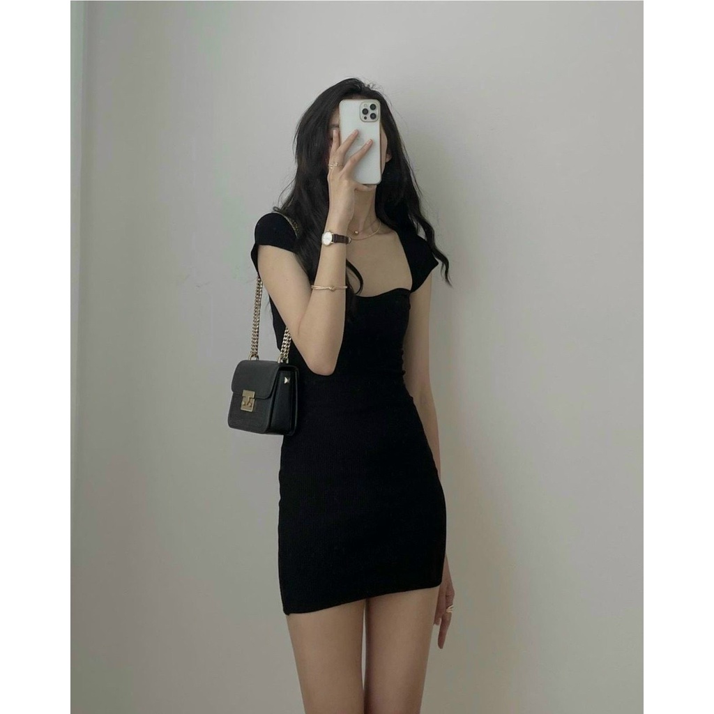 Váy body len tăm cổ vuông, váy ôm sexy dáng dài tay ngắn