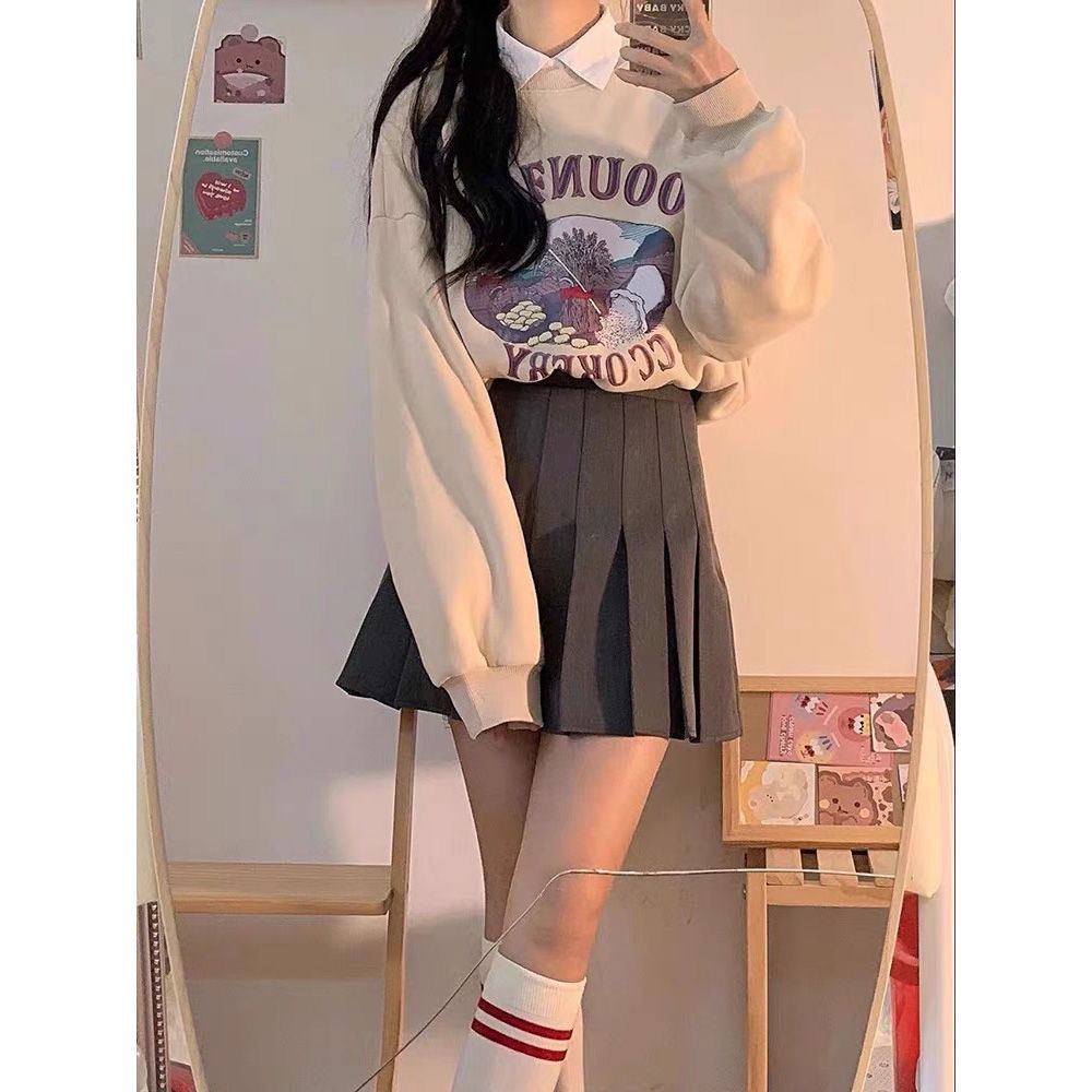 Bộ Áo Sweater Mỏng In Họa Tiết + Chân Váy Xếp Ly Lưng Cao Xinh Xắn Cho Nữ