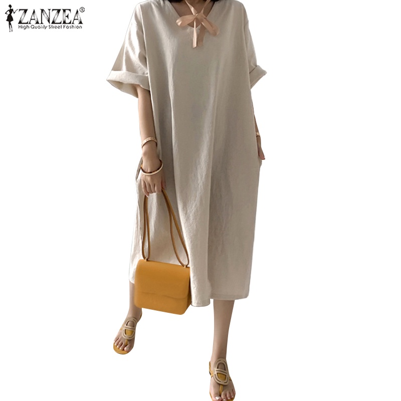 Đầm midi ZANZEA tay ngắn cổ chữ V phong cách Hàn Quốc cho nữ