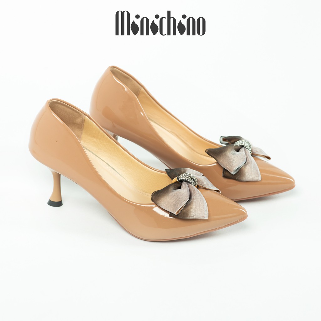Giày cao gót nữ cao 7cm MINICHINO giày búp bê nữ gót nhọn da bóng, mũi nhọn thời trang màu nâu TC032
