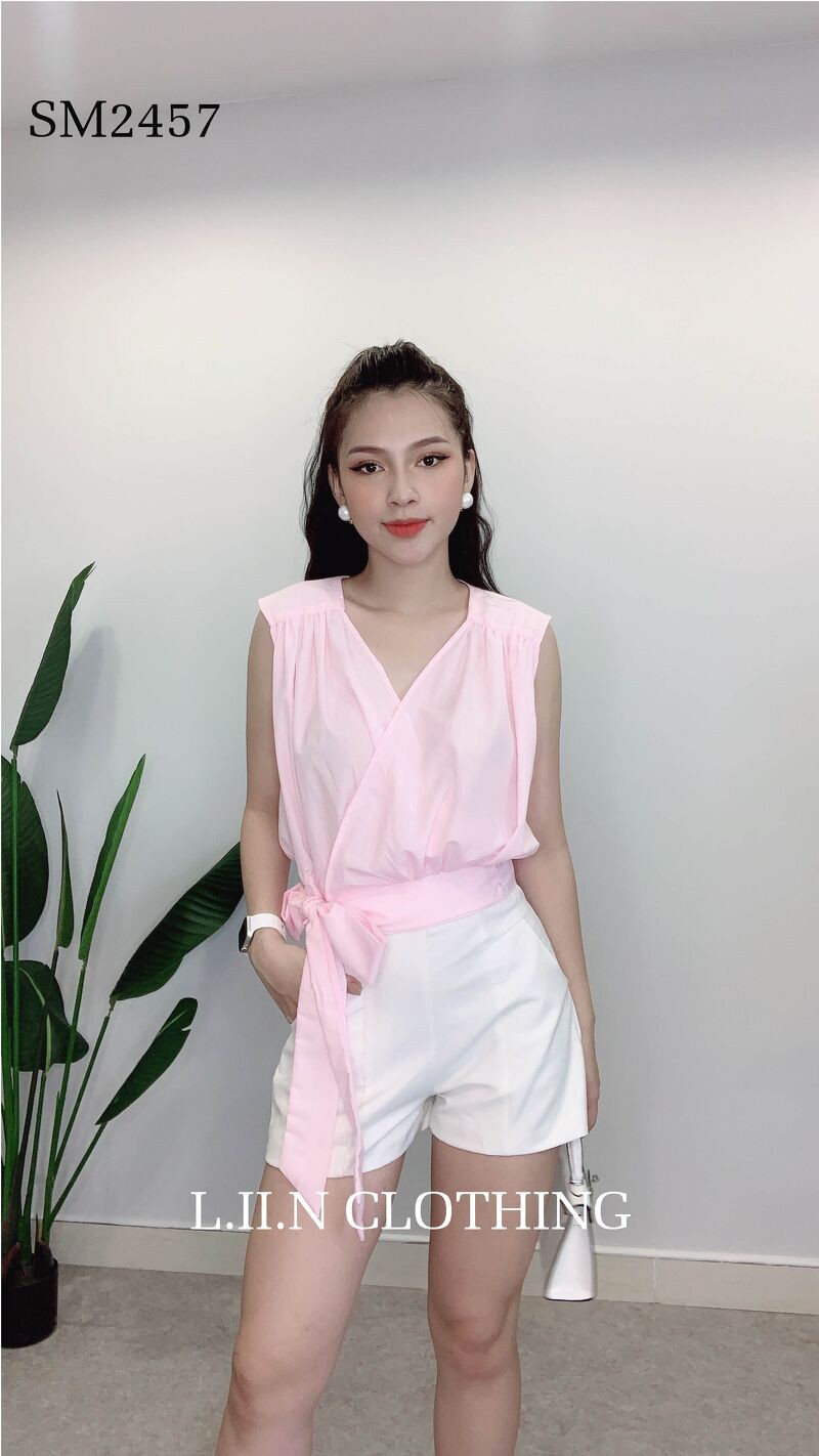 Áo kiểu nữ cộc tay Linbi chất liệu lụa thoáng mát, màu hồng ,cổ V thắt eo Liin clothing SM2457