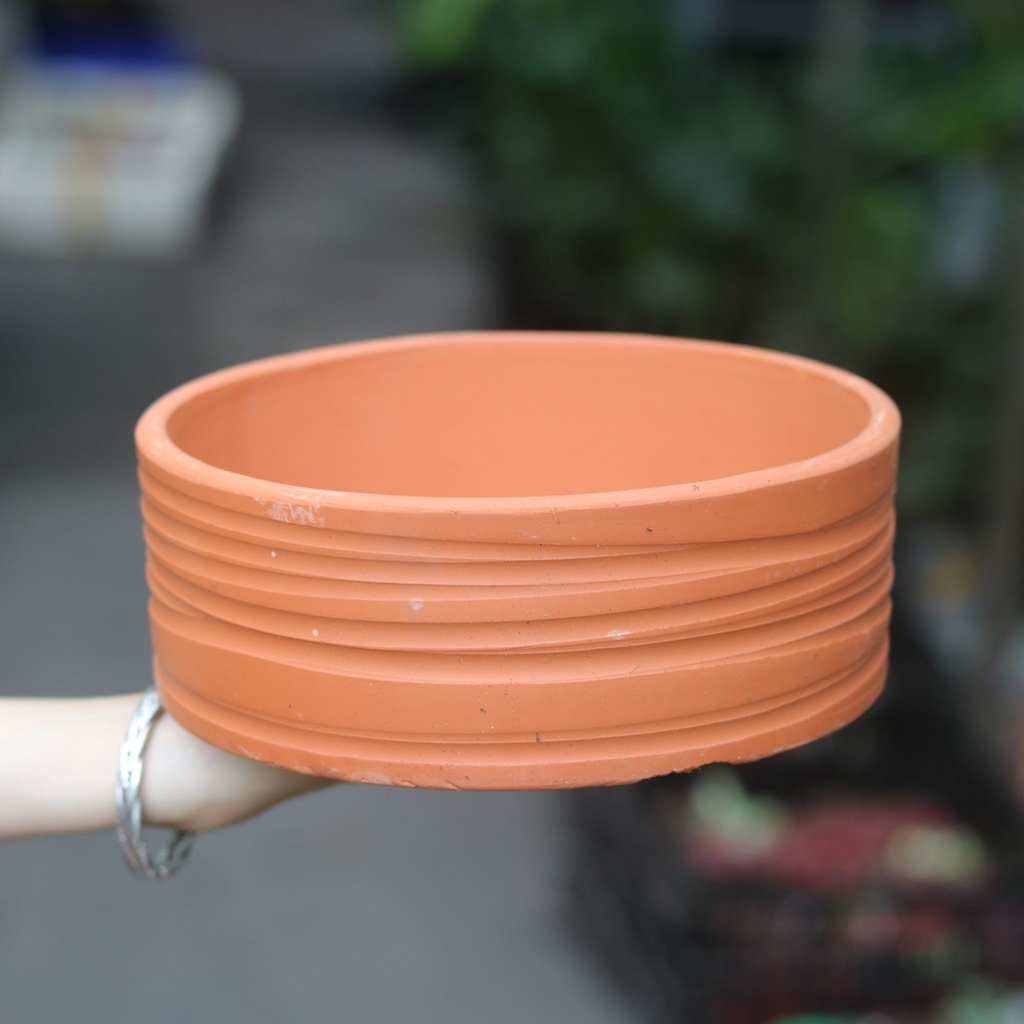 Chậu đất nung thấp tròn vân sọc, thích hợp trồng tiểu cảnh sen đá xương rồng