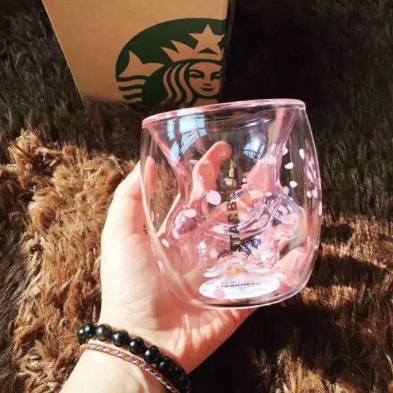 Cốc thủy tinh Starbucks Hình chân Mèo ,Thủy tinh 2 lớp chịu nhiệt