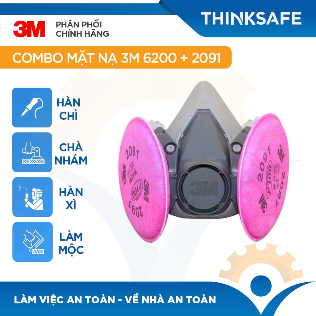 Mặt nạ phòng độc 3M 6200 phin lọc 3M 2091 lọc bụi mịn pm2.5, khói hàn, chống hơi sơn, vi khuẩn - THINKSAFE