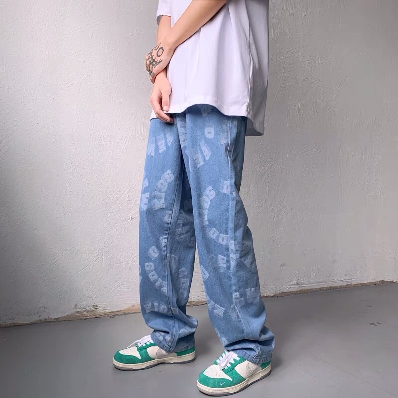Quần bò jeans ống rộng in chữ cách điệu Ulzzang unisex hiphop cá tính siêu chất ❤️