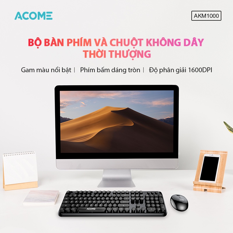 Bộ Bàn Phím Và Chuột Không Dây Kiểu Dáng Thời Thượng ACOME AKM1000 2.4GHz Nhiều Màu