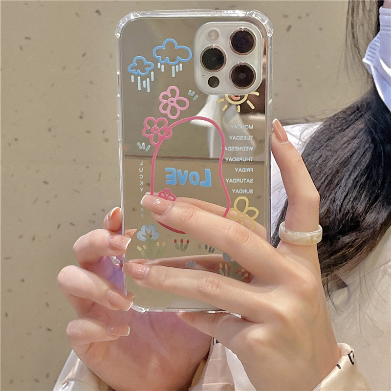 Ốp điện thoại tráng gương in hoa graffiti và chữ love cho iPhone Xs Max 11 / 12pro / Max / X / XS / XR / SE