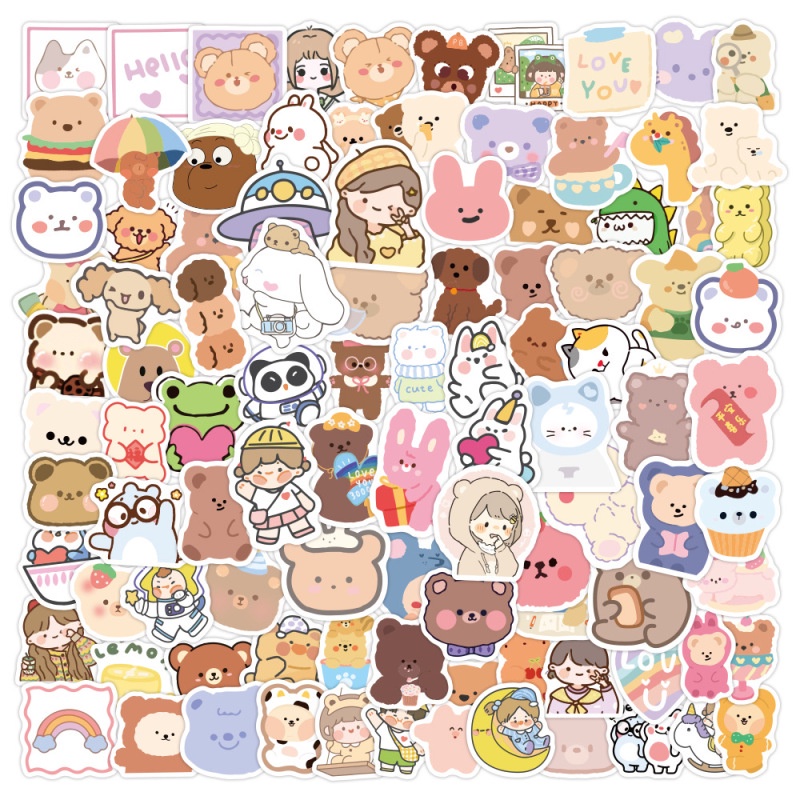 Set 60-100 Nhãn Dán Trang Trí Tủ Lạnh Laptop Chống Thấm Nước Hình Gấu Kiểu Hàn Quốc Dễ Thương
