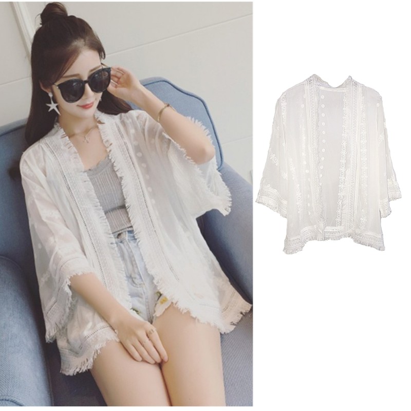 [Baywellfashion]FREESHIP ĐƠN 99K_ Women Lace Embroider Loose Chiffon Blouse Tops Summer Beach Cover up Tassel Cardigan