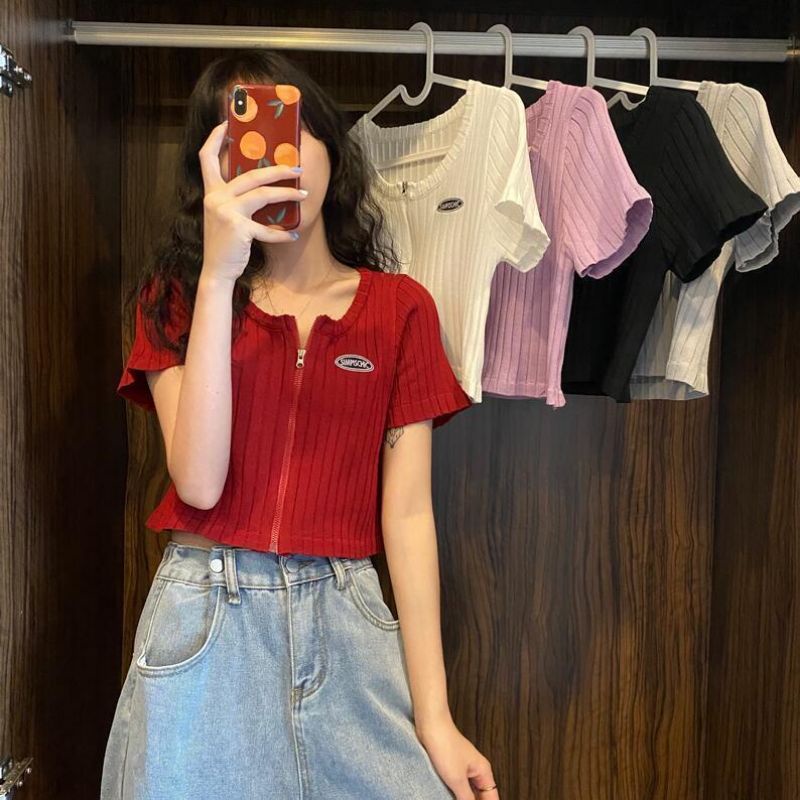 Áo crotop ngắn tay có khoá kéo phong cách hàn quốc trẻ trung cho mùa hè sành điệu