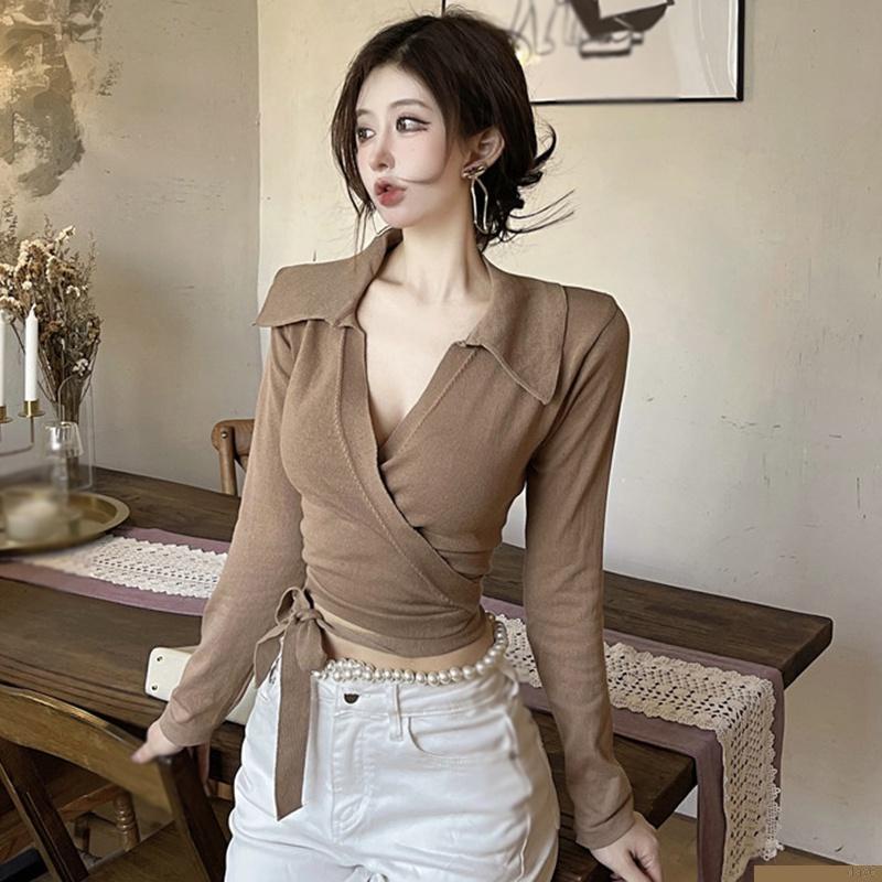 Áo croptop dệt kim dài tay cổ bẻ khoét sâu có dây cột nơ ở eo ôm dáng thời trang quyến rũ