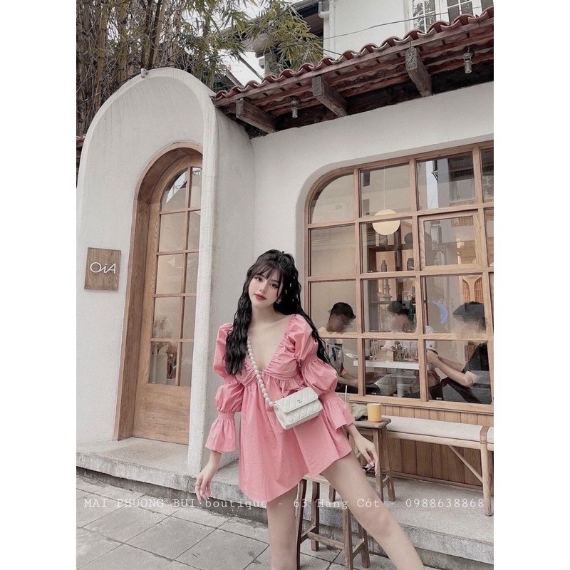 Váy sơ mi tay bồng cổ V tiểu thư cá tính | BigBuy360 - bigbuy360.vn