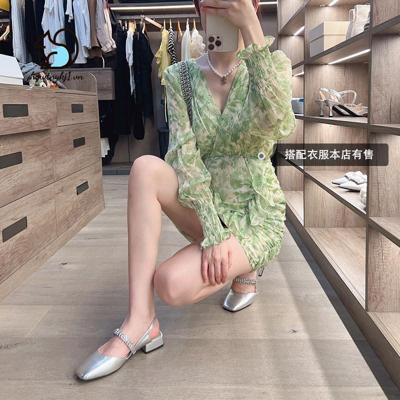 Giày Sandal Gót Dày Hở Ngón Mũi Vuông Đính Đá Thời Trang Cho Nữ
