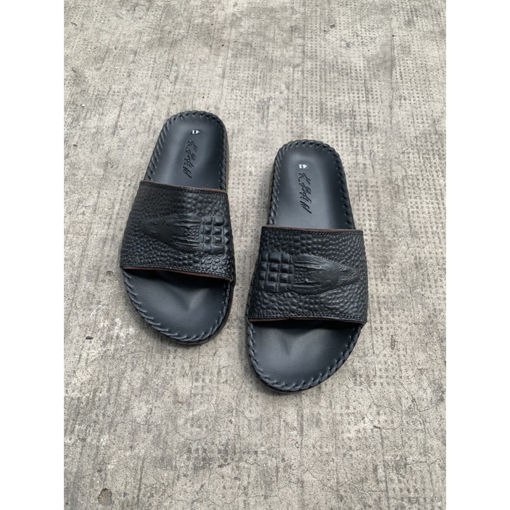 Dép quai da bò đế lõm dập Vân cá sấu đen K1