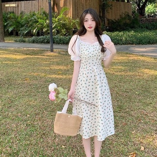 Đầm midi Cổ Vuông Tay Phồng In Họa Tiết Hoa Nhỏ Xinh Xắn Thời Trang Mùa Hè Phong Cách Hàn Quốc Cho Nữ