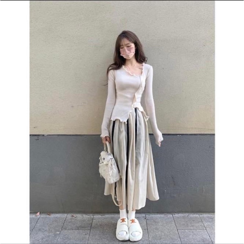 Áo kiểu tay dài thun ôm sát body nữ xẻ tà trơn tiểu thư - Order taobao quảng châu