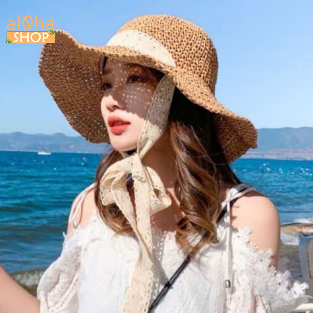 Mũ cói mềm dây ren buộc cổ - nón cói vành to chống nắng, đi biển phong cách - al0ha Shop