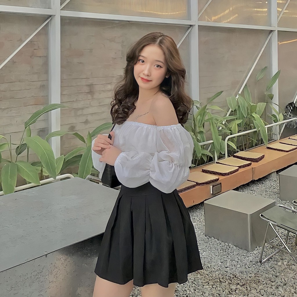 Áo trễ vay tay bèo chun co giãn Midi Shop, áo trễ vai tay bồng tiểu thư