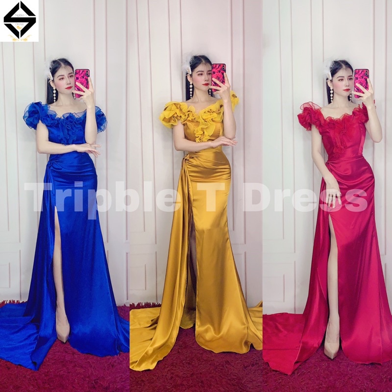 Đầm maxi body dạ hội phối bèo voan sang trọng thanh lịch TRIPBLE T DRESS - size S/M/L - MS219Y