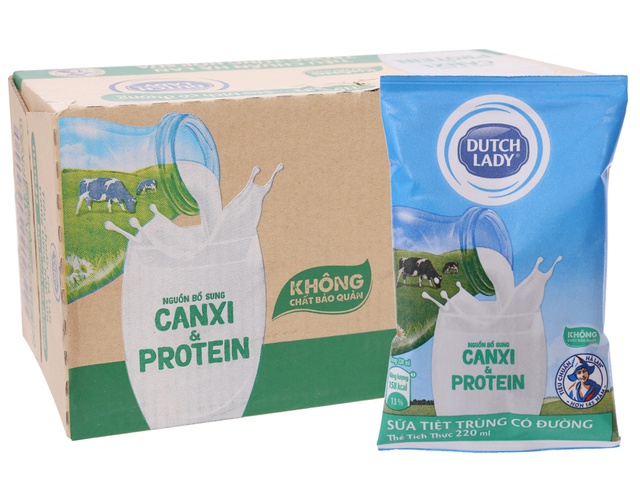 Thùng sữa tươi tiệt trùng Dutch Lady bịch giấy có đường 48x220ml