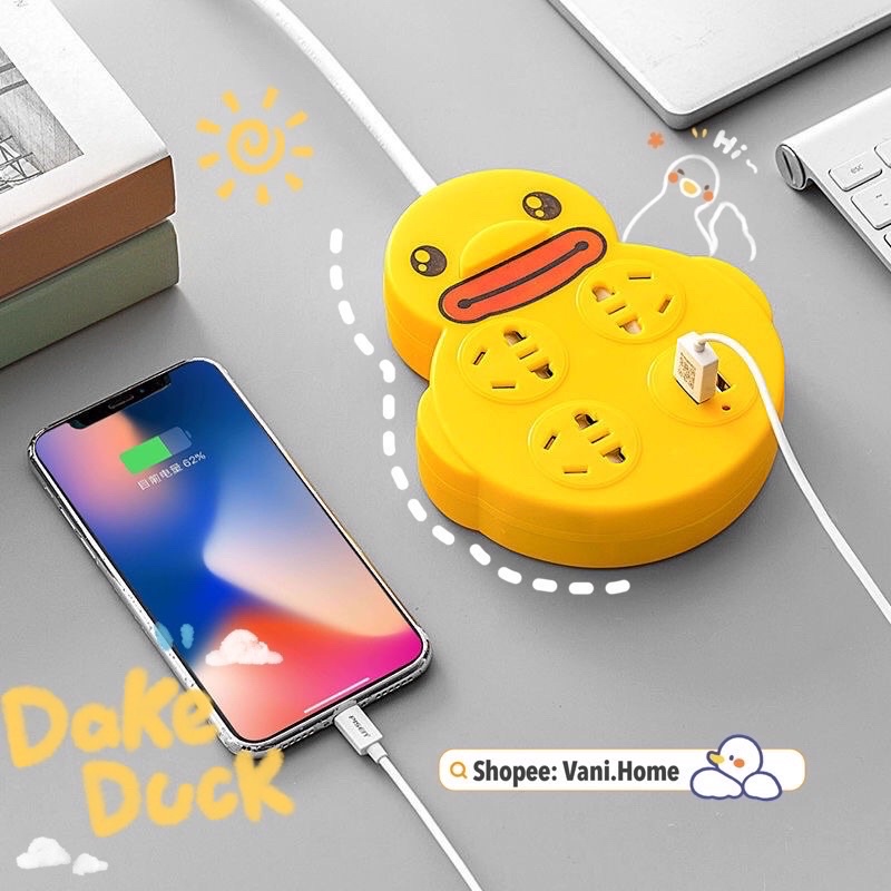 Ổ cắm điện hình vịt vàng siêu cute cho điện thoại, ipad - Ổ điện đa năng vịt vàng có 3 ổ cắm & 2 cổng sạc usb tiện dụng