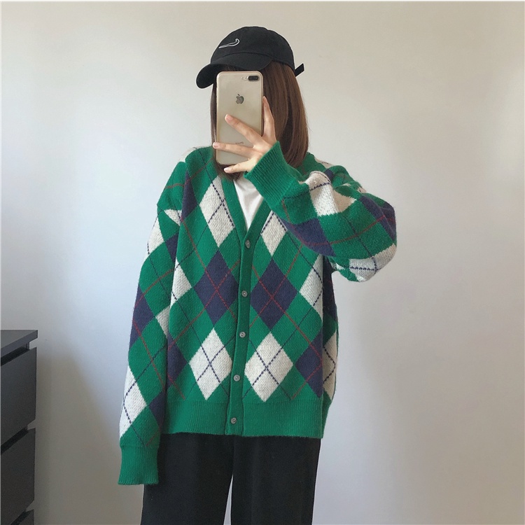 Áo khoác cardigan dài tay cổ chữ V dáng rộng phong cách Hàn Quốc