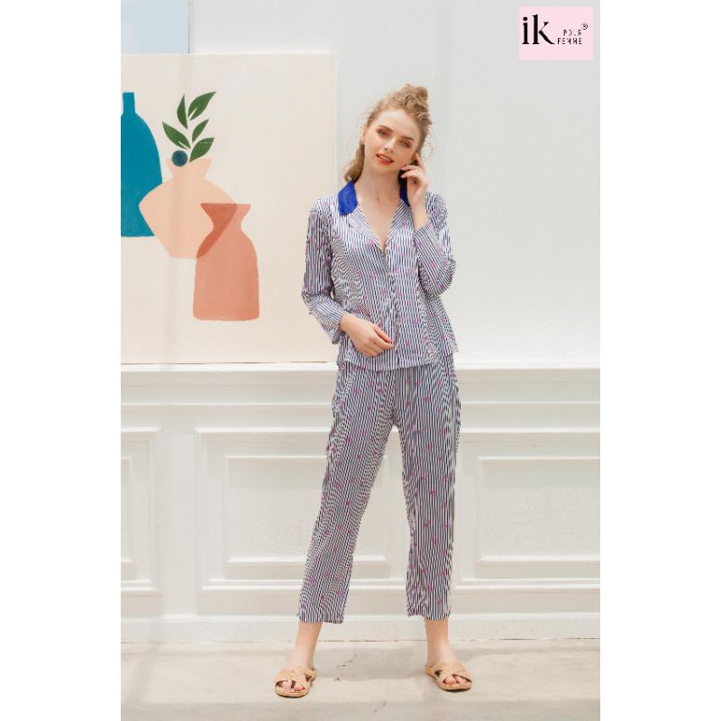 Bộ mặc nhà IK Pijama áo dài tay quần dài lụa 0125 Giá 545.000đ