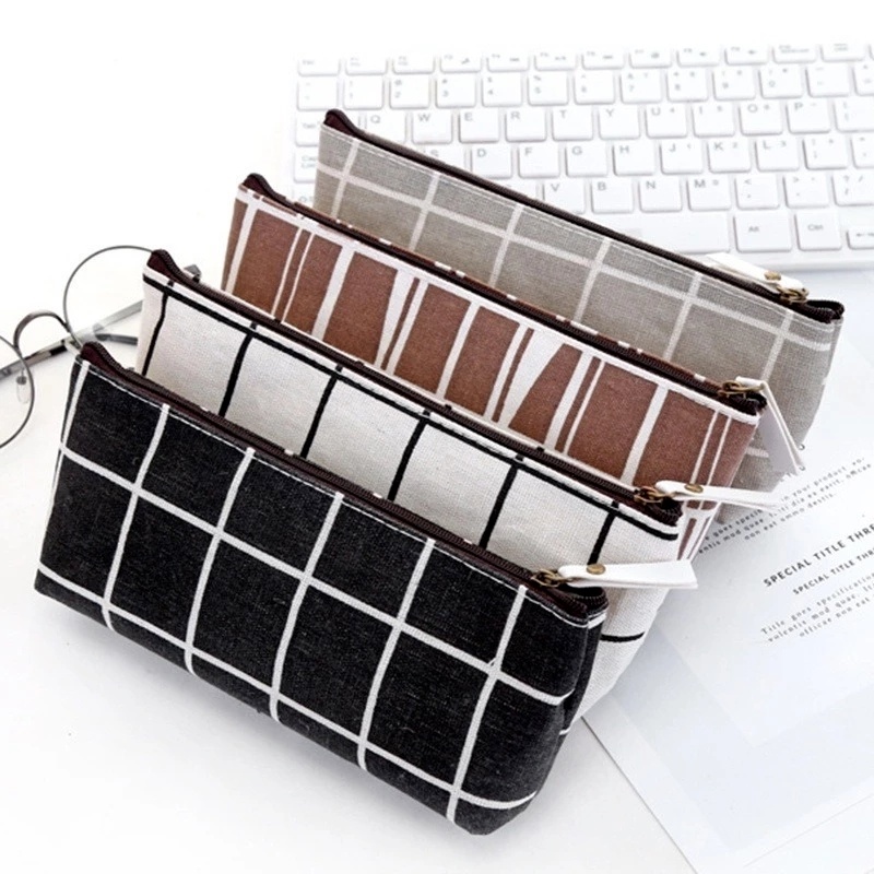 1 Túi Đựng Bút Bằng Vải Bạt Dày Kẻ Sọc Caro Có Khóa Kéo Sức Chứa Lớn Sáng Tạo