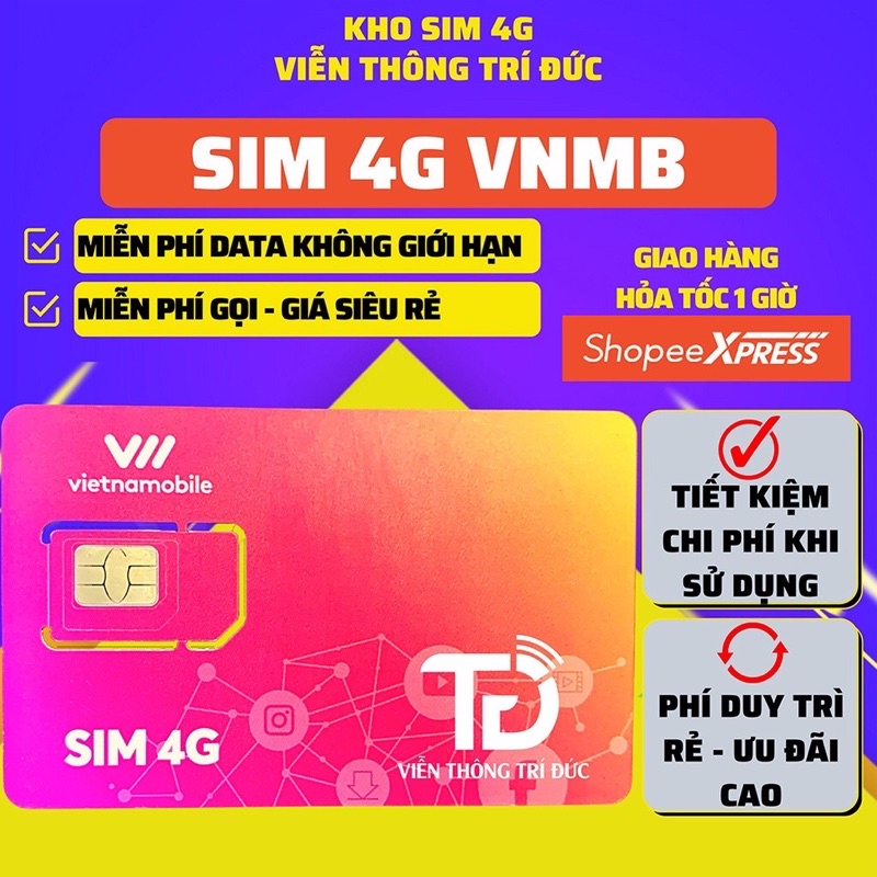 Sim Data 4G Vietnammobile 6Gb/1 ngày dùng trọn đời Miễn phí tháng đầu Chính Hãng