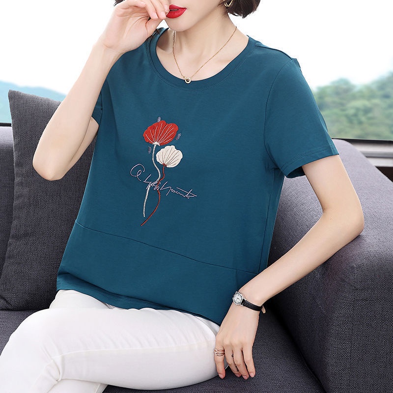Áo Thun cotton Ngắn Tay Thêu Họa Tiết Thời Trang Cho Nữ Trung Niên