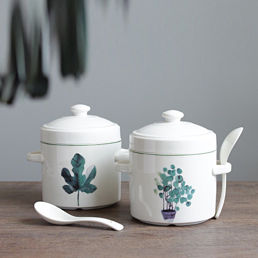 Thố chưng yến, cốc chưng yến bằng sứ cách thủy 2 nắp 850ml - họa tiết lá cây nhiệt đới