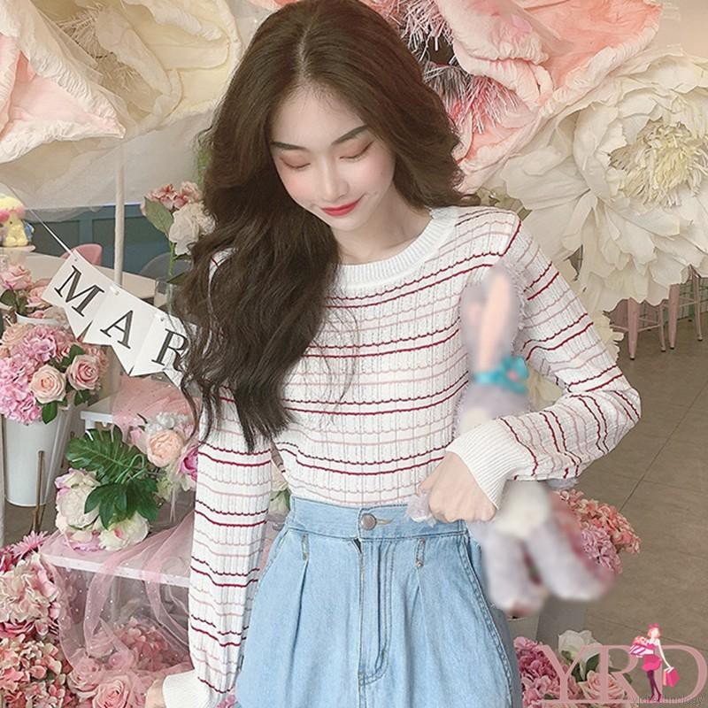 Áo sweater tay dài họa tiết kẻ sọc phong cách hàn dành cho nữ